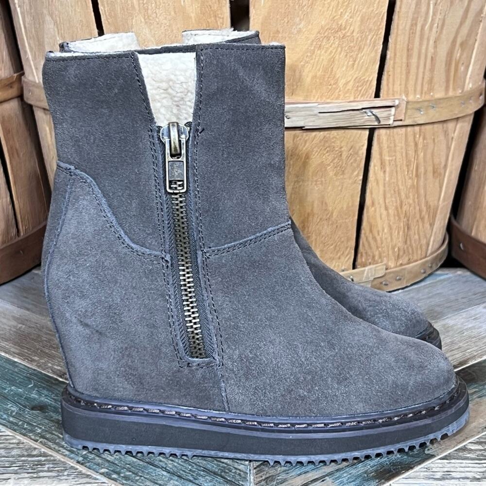 Aldo Gray Suede Shearling Fur Lined Zip-Up Wedge Heel Ankle Boots Women Size 6.5
